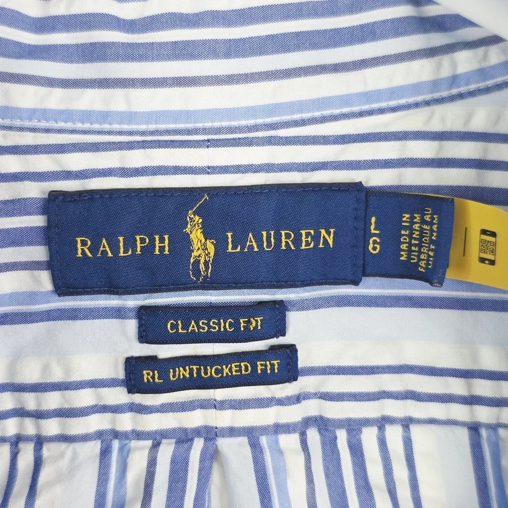 Polo Ralph Lauren Classic Fit RL Untucked Men Large Blue White Stripe Short Slee